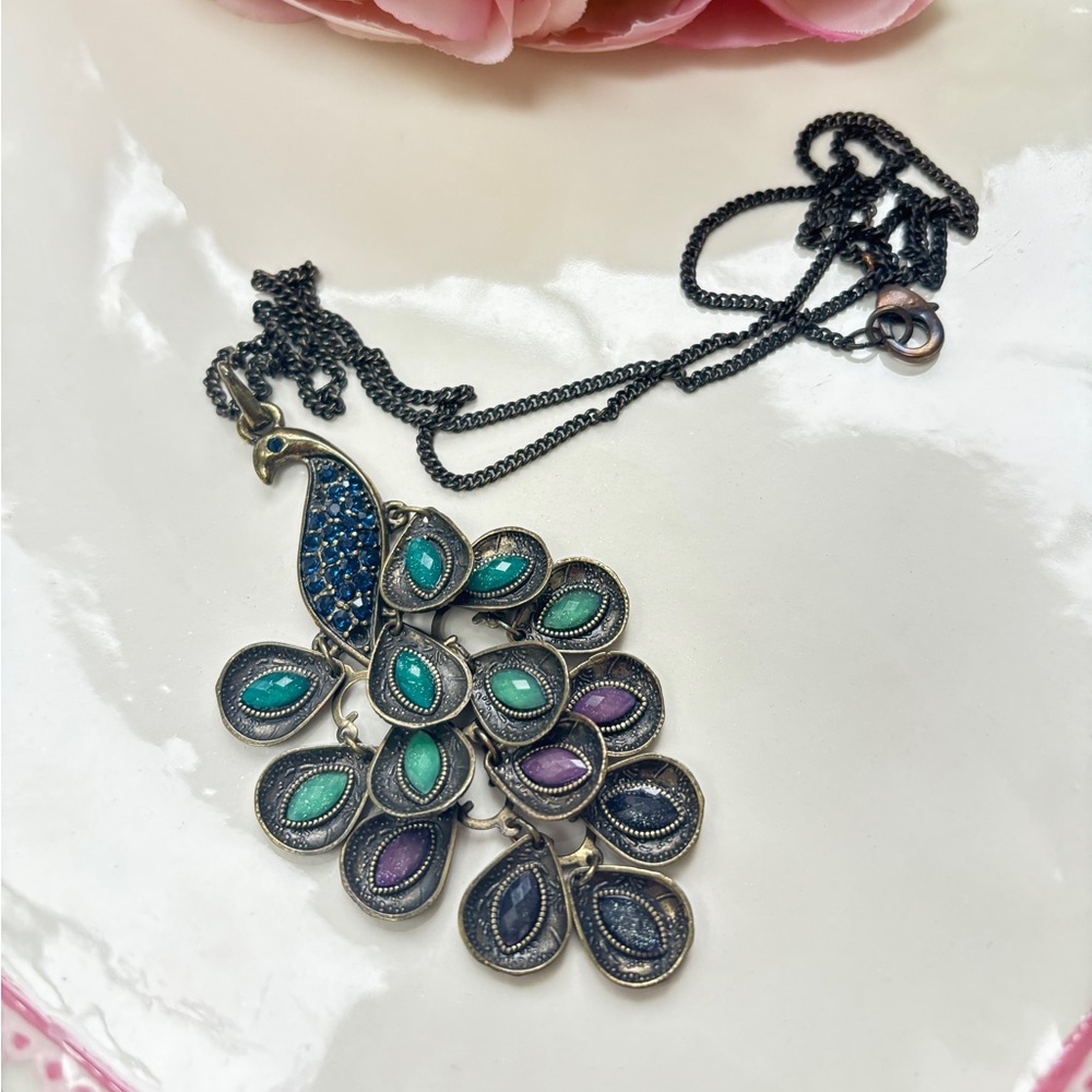 CLEARANCE: Colorful Chandelier Peacock Necklace Brass Tone Chain